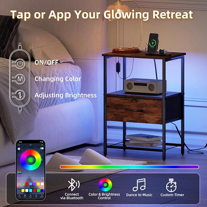 Somdot Nightstand with Charging Station & LED Light, Bedroom Bedside Table | Dorm, Guest Room, Kids Room, Laundry, Closet, Entryway and Hallway, Brown