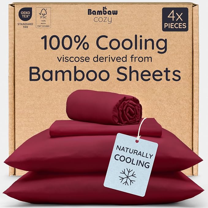 Bambaw 100% Viscose Derived from Bamboo King Size Sheet Set - 4pcs Super Soft & Cooling Sheets, Luxury Sheets King Size Deep Pocket, Fits Up to 16'' Mattresses with Elastic Corner Straps (Burgundy)