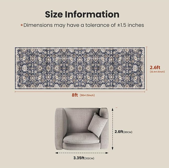 AMADA HOMEFURNISHING 2'6"x8' Washable Area Rug, Low-Profile Entryway Rug with Non-Slip Backing & Durable Edge Binding, Vintage Rug Pattern, Small Rugs for Entryway, Kitchen & Living Room