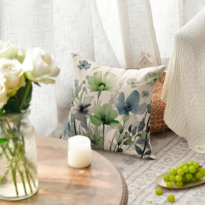 AVOIN colorlife Chinoiserie Poppy Flowers Pillow Covers 18x18 Inch Set of 2 | Blue Sage Green Seasonal Leaves Cushion Case Decoration for Sofa Couch