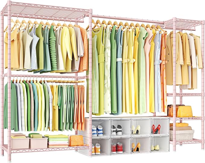 E10 Clothes Rack（With Stretchable Hanger Rod）Freestanding Clothing Racks for Hanging Clothes，Adjustable Closet Organizer System，Portable Garment Rack 73-97"W x 15" D x 72" H，Max Load 800LBS，Pink