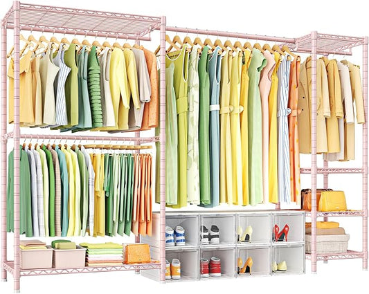 E10 Clothes Rack（With Stretchable Hanger Rod）Freestanding Clothing Racks for Hanging Clothes，Adjustable Closet Organizer System，Portable Garment Rack 73-97"W x 15" D x 72" H，Max Load 800LBS，Pink