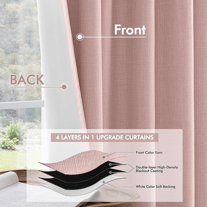 MIULEE 100% Blackout Back Tab Pleat Linen Curtains 50" Wx108 L,Light Pink | 2 Panels,Thick Faux Linen,Textured Drapes,with Hooks,for Bedroom Living Room,Black Out,Room Darkening