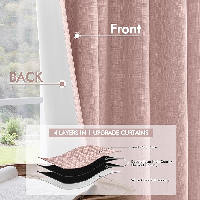 MIULEE 100% Blackout Back Tab Pleat Linen Curtains 50" Wx84 L,Light Pink | 2 Panels,Thick Faux Linen,Textured Drapes,with Hooks,for Bedroom Living Room,Black Out,Room Darkening