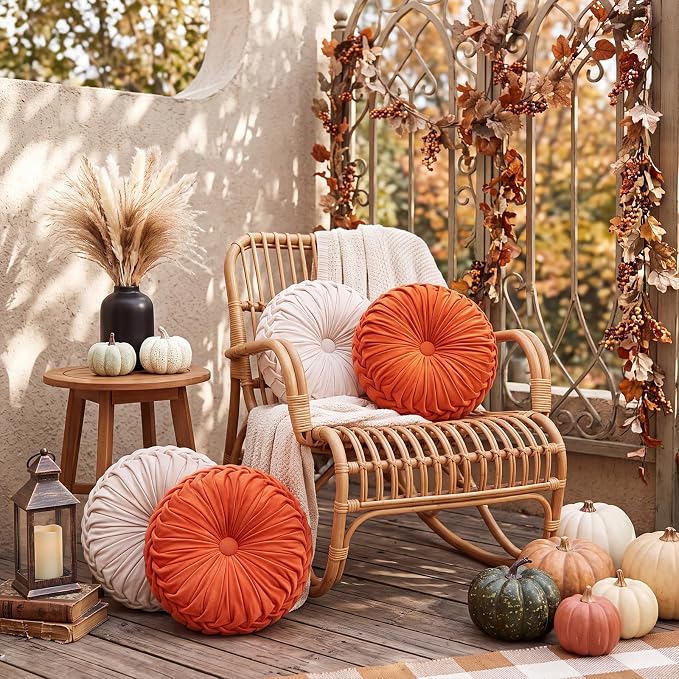 Kathfly 4 Pcs Decorative Round Pleated Throw Pillows, Classy Velvet Pumpkin Round Throw Pillows, Decorative Floor Pillow for Bed Chair Home Sofa Decor, 14" Diameter (Cream,Burnt Orange)