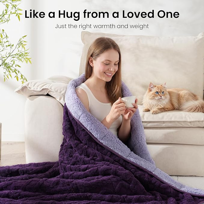 Drewin Weighted Blanket for Adults 15lbs,48" x 72",Dark & Light Purple | Great for Sleep Natural and Relaxing，Soft Jacquard Sherpa with Glass Beads，Cozy Heavy Throw Blankets，Machine Washable