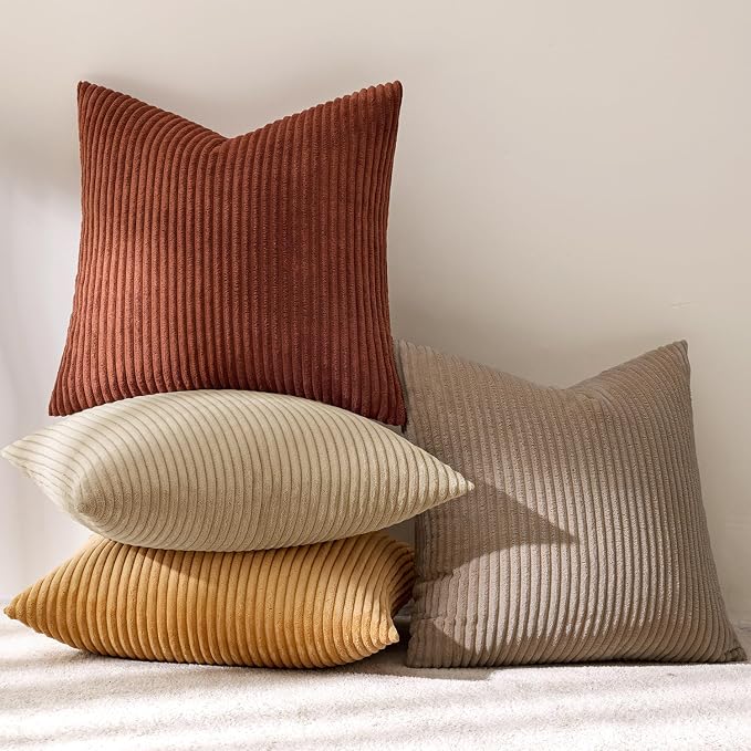 MIULEE Fall Corduroy Decorative Throw Pillow Covers Terracotta 18x18 | Set of 4, Organic Earthy Decor, Mogao Mural Inspired Palette, Boho Farmhouse Cushion Covers for Couch Bed Sofa Living Room
