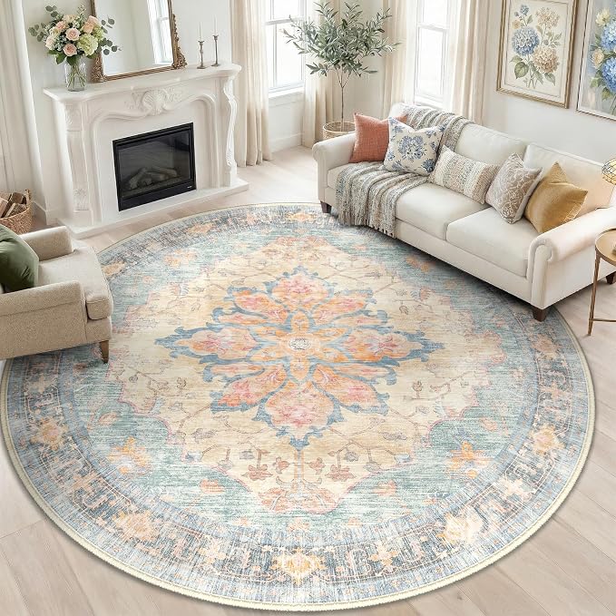 RELEANY Washable Area Rug, Round 6ft, Blue/Orange/Red | Non-Slip, Water Repellent, Pet Friendly, Easy to Clean, Vintage Floral Boho Decor for Living Room Bedroom Dining Room