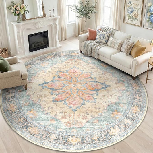 RELEANY Washable Area Rug, Round 6ft, Blue/Orange/Red | Non-Slip, Water Repellent, Pet Friendly, Easy to Clean, Vintage Floral Boho Decor for Living Room Bedroom Dining Room