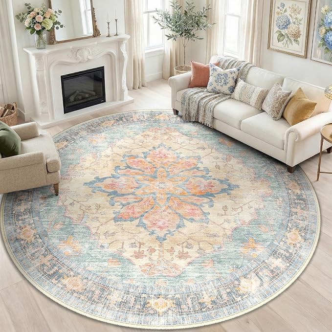 RELEANY Washable Area Rug, Round 8ft, Blue/Orange/Red | Non-Slip, Water Repellent, Pet Friendly, Easy to Clean, Vintage Floral Boho Decor for Living Room Bedroom Dining Room