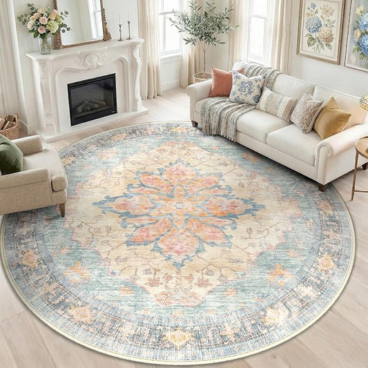 RELEANY Washable Area Rug, Round 8ft, Blue/Orange/Red | Non-Slip, Water Repellent, Pet Friendly, Easy to Clean, Vintage Floral Boho Decor for Living Room Bedroom Dining Room