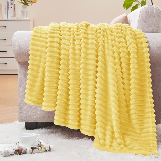 BEDELITE 3D Ribbed Light Yellow Fleece Throw Blanket for Couch, 50x60 Inch | Soft Warm Decorative Fluffy Blanket, Cozy Plush Lightweight Fuzzy Throw Blanket for Bed Sofa Home Room Decor, Gift for Women