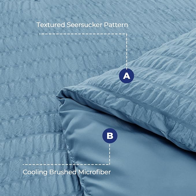 HYMOKEGE Mineral Blue Duvet Cover Full Size, Ultra Soft 3-Piece Seersucker Duvet Cover Set with Zipper Closure, Soft Brushed Microfiber Bedding Set with 8 Corner Ties (80"x90", 2 Pillowshams)