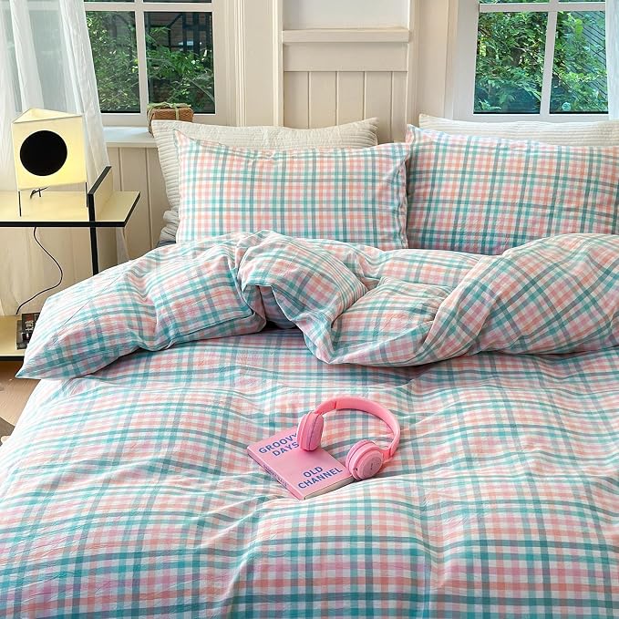 LifeTB Gingham Comforter Set King 3 Pieces Multi-Colored Grid Comforter Lightweight Checkered Plaid Comforter Set with 2 Pillowcases Fluffy Soft Grid Printed Pattern Farmhouse Gingham Bedding Set