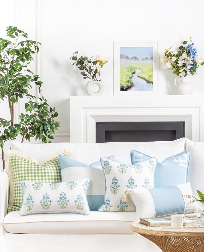 Hofdeco Premium Coastal Patio Indoor Outdoor Throw Pillow Cover Only, 18"x18" Water Repellent for Backyard, Couch, Baby Blue Green Floral with Piping (Pack of 2)