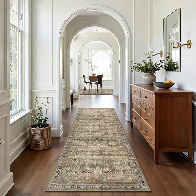 2x6 Hallway Runner Rug, Washable Vintage Retro Long Runner Rugs for Kitchen Laundry, Soft Ultra Thin Non Slip Low Pile Traditional Distressed Boho Carpet for Bedroom Bathroom, Charcoal Olive