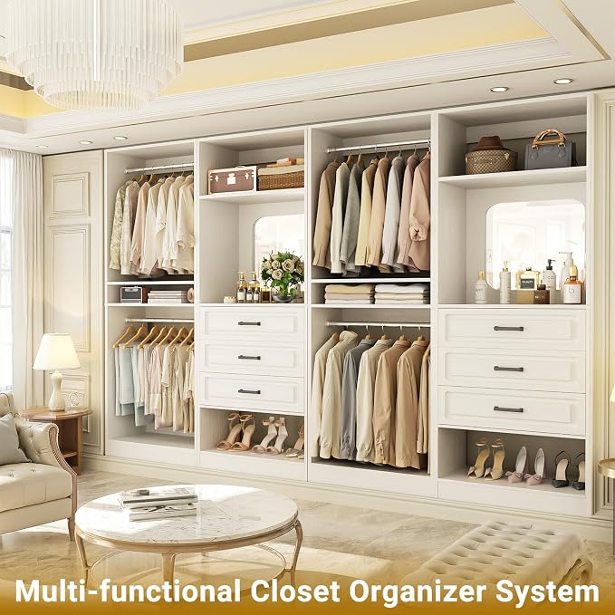Unikito Closet System, 100" Closet Organizer with Drawers & Mirrors, White | Large Wood Walk-in Closet Wardrobe Organizer with Hanging Rods & Adjustable Shelves, Sturdy Freestanding Garment Rack Tower