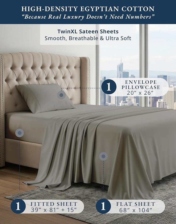 LANE LINEN Twin XL Sheets Cotton 100% Egyptian Cotton Sateen - Charcoal | Twin XL Bed Sheets - 3-Piece Set, Ideal For Dorms And Adjustable Beds, For A Luxurious Night's Sleep, Luxe Sheen
