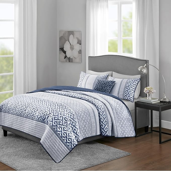 Madison Park Quilt Set Luxurious Jacquard Stripes Design - All Season, Coverlet Bedspread Lightweight Bedding Layer, Shams, Decorative Pillow, King/Cal King(104"x94"), Geometric Navy 4 Piece | All Season Bedding Set, Lightweight, Geometric, Machine Was...