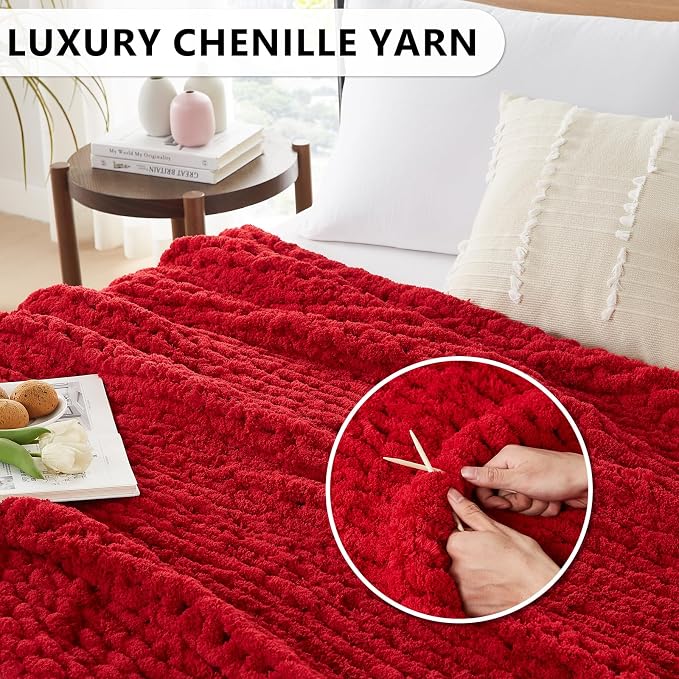 L'AGRATY Chunky Knit Throw Blanket for Couch, 80'' x 90'' Knit Throw, Red | Handmade Chenille Crochet Blanket for Sofa Bed, Thick Cable Knitted Blankets for Room Home Decor, Birthday Gift for Women Mom