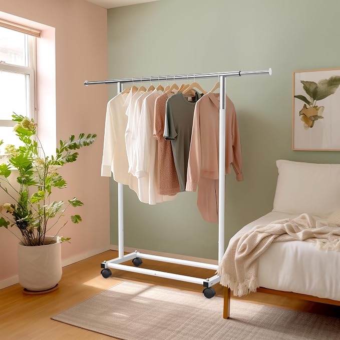 Simple Houseware Standard Rod Garment Clothing Rack, White | Single Rail, Extendable Width from 30 to 47 Inches, Rolling Clothing Organizer for Bedroom, Laundry, Living Room