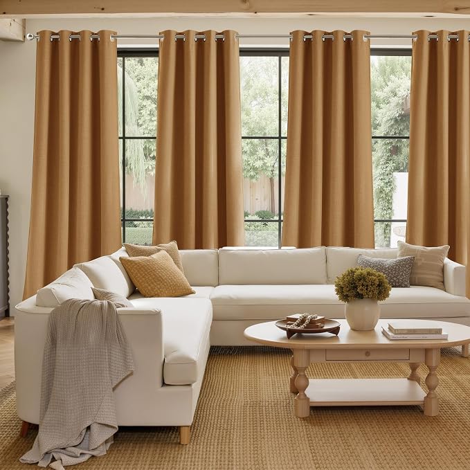 NICETOWN Gold Brown Faux Linen Room Darkening Rod Pocket Curtains 63 inch Length, W42 x L63, Light Blocking Thermal Insulated Noise Reducing Drapes for Bedroom Living Room Farmhouse Decor, 2 Panels