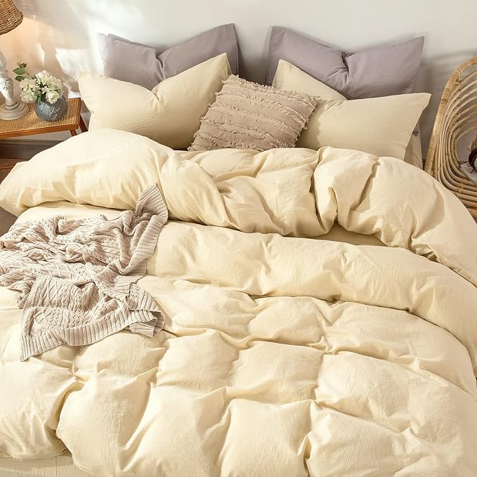 MooMee Duvet Cover Set 100% Washed Cotton Linen Like King | Relaxed Linen-like Texture. Soft, Breathable & Long-lasting Comfort. Lightweight. Hidden Zipper with 8 Interior Corner Ties