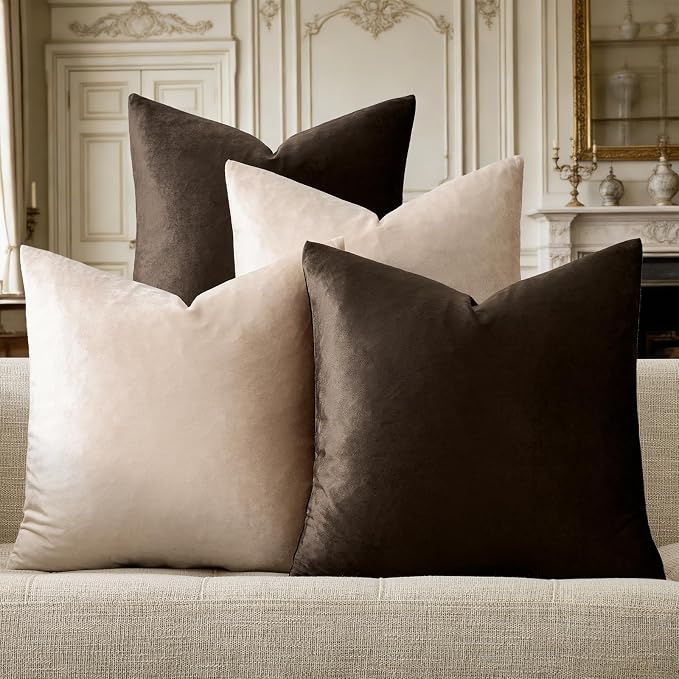 GIGIZAZA Pack of 4 Decorative Velvet Pillow Covers 16x16 Brown Beige | Throw Pillows for Couch Sofa,280gsm Soft Textured Fabric,Modern Accent Pillowcases,Luxury Living Room Cushion Covers