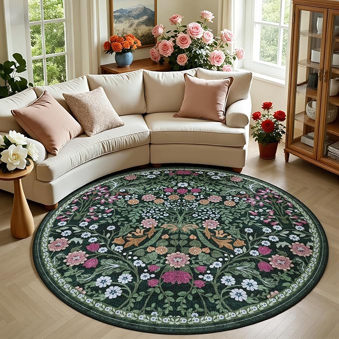 PLHXFR Round Area Rug Living Room: 6 ft Floral Washable Carpet Dark Green | For Bedroom Dining Room Farmhouse Nursery Hallway,Vintage Floral,Machine washable,Non Slip,Stain Resistant,Large Indoor