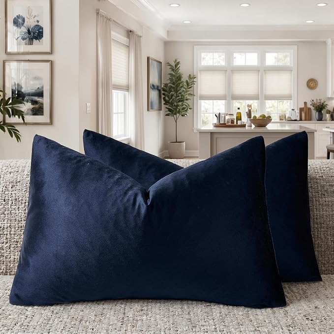 GIGIZAZA Navy Velvet Pillow Covers 12x20 Decorative Pillows Pack of 2 | Lumbar Blue Throw Pillows for Couch Sofa,280gsm Soft Textured Fabric,Modern Pillowcases,Luxury Cushion Covers