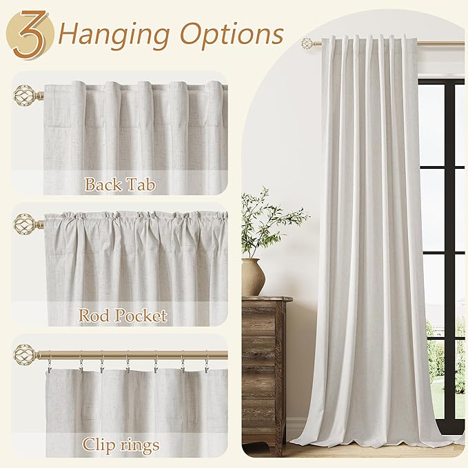108 Inch Long Light Beige 100% Blackout Curtains for Living Room Bedroom Back Tab Thermal Insulated Netural Farmhouse Black Out Linen Drapes Room Darkening Window Curtain 2 Panels Set, 9 FT