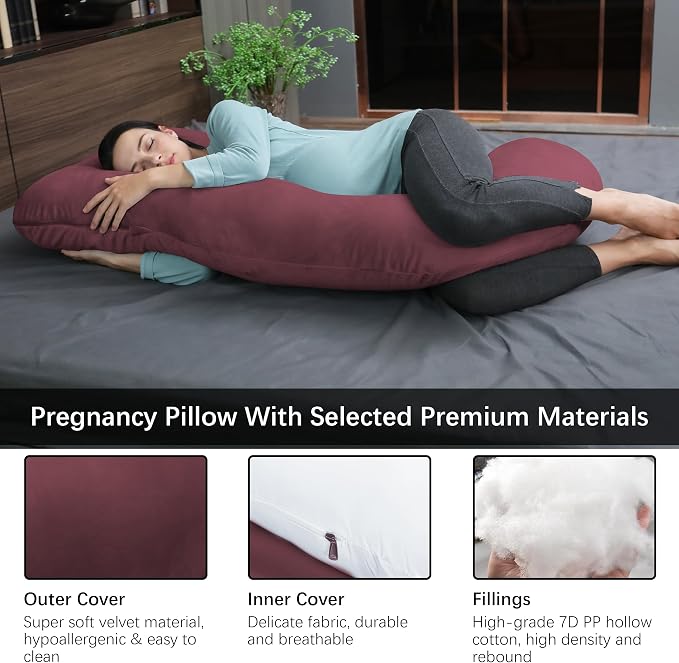 MOON PARK Pregnancy Pillows for Sleeping - U Shaped Full Body Maternity Pillow with Removable Cover - Support for Back, Legs, Belly, Hips - 57 Inch Pregnancy Pillow for Women - Burgundy
