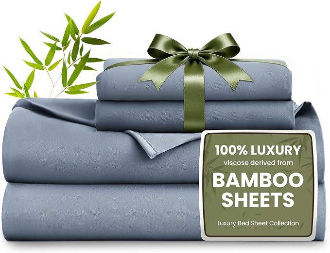 Love's cabin 4 Piece Queen Sheet Set, 100% Rayon Derived from Bamboo, Cooling & Breathable, Soft Silky Deep Pocket up to 16", Hotel Luxury Bedding for Hot Sleepers, Bluish Grey