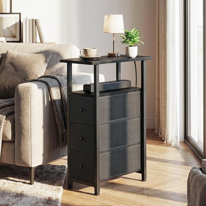 LOAKEKEL Narrow End Table with Charging Station, Small Nightstand | Skinny Side Tables Living Room with 3 Fabric Drawers, Slim Bedside Table for Bedroom, Small Spaces, Couch, Black