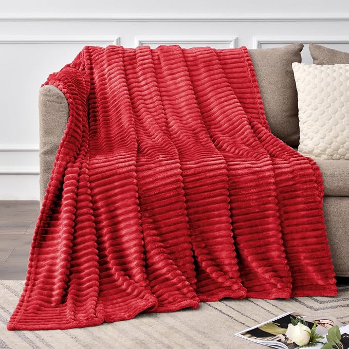BEDELITE 3D Ribbed Jacquard Red Fleece Twin Blanket for Couch, 60x80 Inch | Soft Warm Fluffy Throw Blanket for Bed Sofa College Dorm Room Decor, Luxury Cozy Plush Gifts for Women Girls, Lightweight
