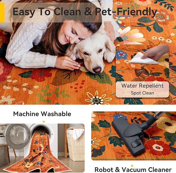 RELEANY Floral Washable 6x9 Area Rugs BurntOrange | Flower Carpet, Print, Boho, Non-Slip, Easy to Clean, Soft, Low Pile for Living Room Bedroom Kitchen Office Entryway Hallway