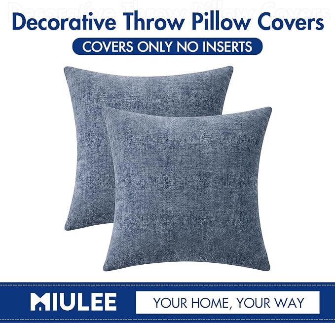 MIULEE Soft Chenille Throw Pillow Covers Dark Grey Blue 20x20 Pack of 2 | Modern Coastal Home Decor, Classic Decorative Pillows, Solid Dyed Cases, Boho Couch Cushion Covers for Sofa Bed Living Room