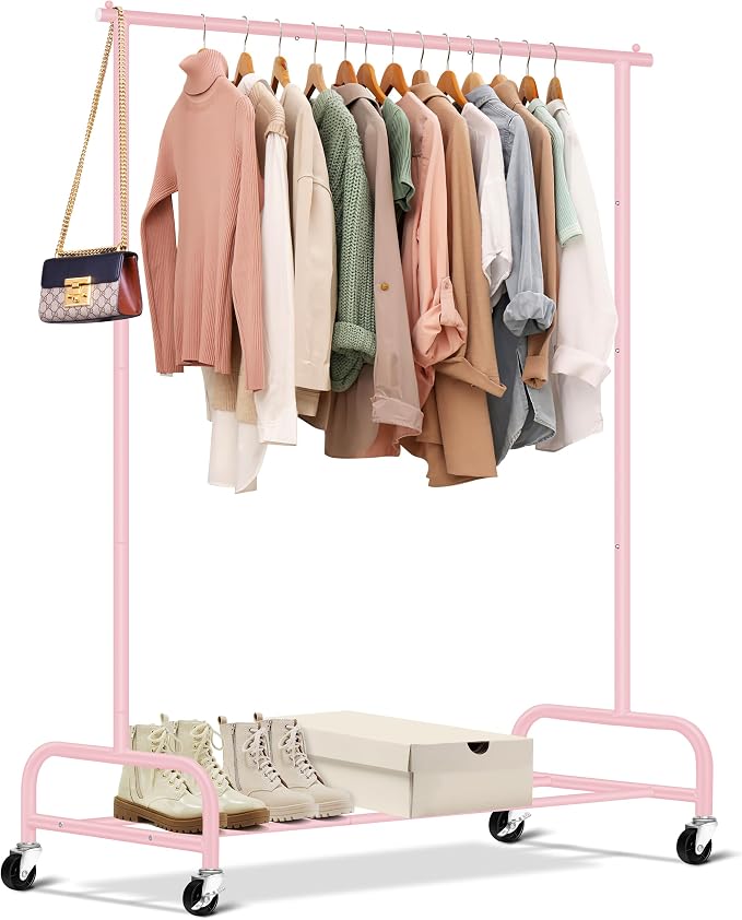 SLEEPING LAMB Heavy Duty Clothing Racks for Hanging Clothes Rack, 43" Wide Rolling Garment Rack Metal Clothing Hanger Rack with Wheels Wardrobe Rack for Coats, Shirts, Dress (Pink)