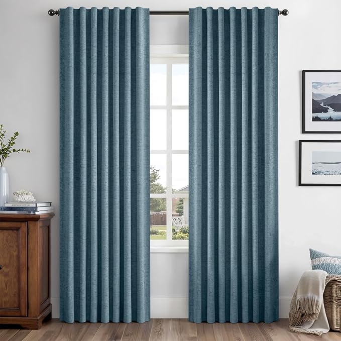 MIULEE 100% Blackout Linen Curtains 42 x 72 Inch Stone Blue 2 Panels | Thermal Insulated, Room Darkening Drapes for Bedroom Living Room, Back Tab Rod Pocket Pinch Pleated, Solid Luxury Decor