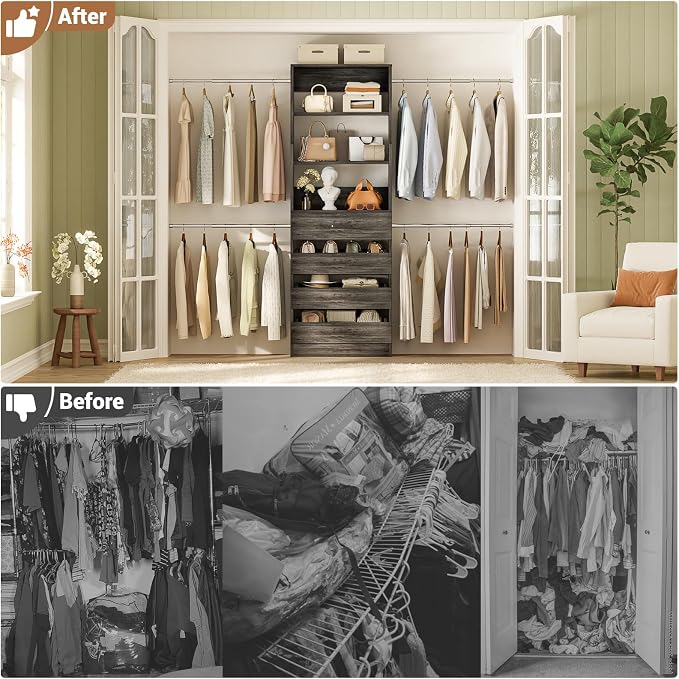 Aheaplus Closet System,4-9Ft Closet Organizer with 4 Wood Drawers,Black Oak | Wood Closet Organizer System with Tower, Walk-in Closet Organizer Wardrobe Clothes Rack with 4 Hanging Rods, Garment Rack