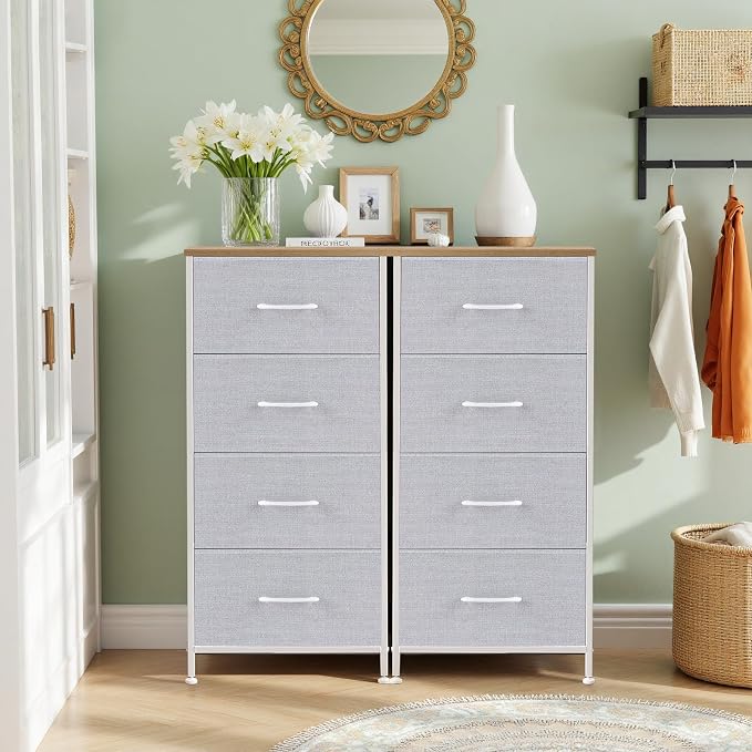 4 Drawers Dresser for Bedroom Fabric Storage Tower with Wooden Top | Steel Frame Tall Chest of Drawers for Closet, Entryway, Dorm, Light Gray