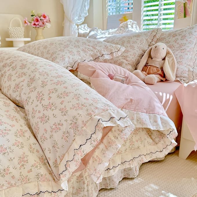 mixinni Shabby Chic Floral Duvet Cover Set Queen, 100% Cotton Cottagecore Bedding with Double Ruffle Lace Trim, Reversible Pink Rose Flower Vintage Farmhouse Comforter Cover with Zipper & Corner Ties