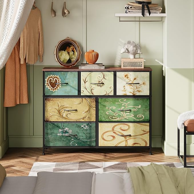 WLIVE Dresser for Bedroom, 7 Drawers, TV Stand, Floral | 7 roomy fabric drawers, Fits TVs up to 45 inch, Bedroom or living room, Wide storage design, Chest of drawers