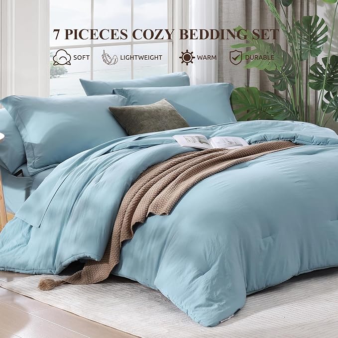 Queen Comforter Set-7 Pieces Soft Prewashed Bed in a Bag Queen Bedding Sets | All Season Comforter with Sheets, Pillow Shams & Pillowcases, Sky Blue