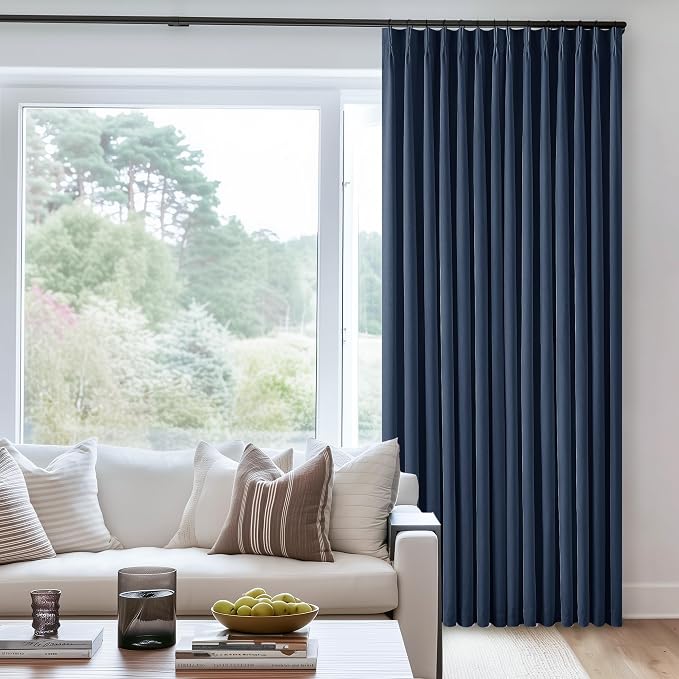 Navy Blue Blackout Linen Curtains 108 Inches Long for Bedroom Pinch Pleated | 100% Black Out Curtains Lined 2 Layers, Memory Shape, Noise Reducing, Room Darkening, for Living Room Window, 40x108 2 Panels