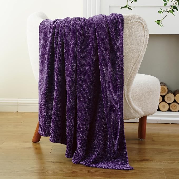 Chenille Throw Blanket for Couch Bed, Purple Knit Throw Blanket 51"x67" | Shiny Chenille Blanket, Super Soft Knitted Blankets for Sofa Home Decor