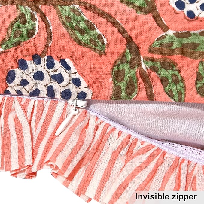 Ridhi Block Print Dark Salmon Pink Ruffle Lumbar Pillow Shams, 20" x 12" | 100% cotton, Floral Pillowcase, Cushion Cover, Hidden Zipper, Cottagecore Bedding, farmhouse boho style, fits couch, sofa,Bed