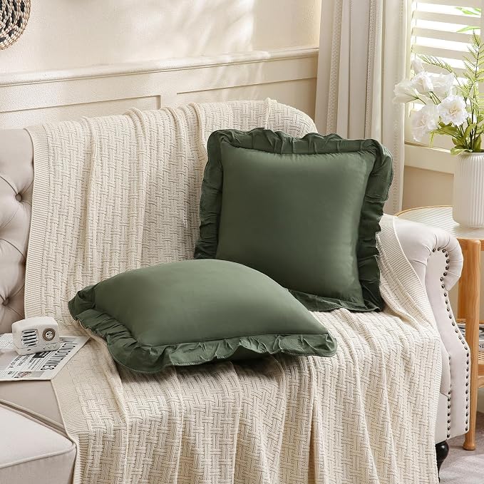 Merryword Olive Green Pillowcases 18x18 Cute Throw Pillow Covers Pack of 2 Ruffle Pillowcase Cushion for Couch Sofa Bedroom