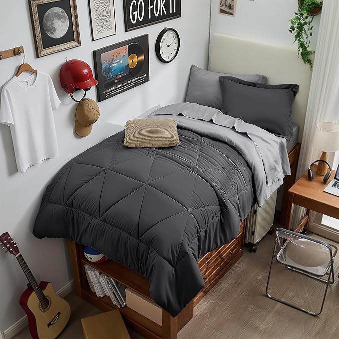 BEDELITE Twin XL Comforter Set 5 Pieces, Charcoal Black Bed in A Bag | Soft All Season Down-Alternative Comforter, Sheets, Pillowcases & Shams, OEKO-TEX Certified Bedding for Drom Room, College