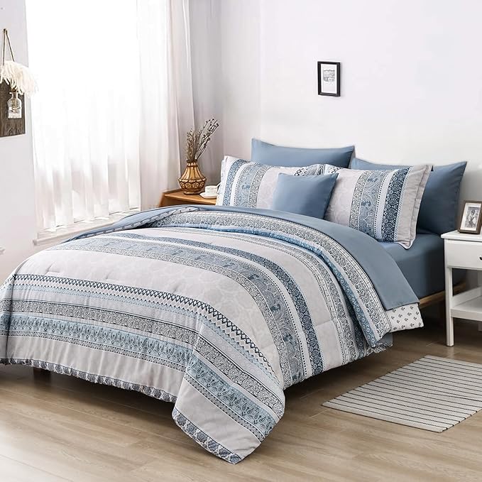 Cottolester Boho Comforter Set Full Size Light Blue Comforter Set 8 Piece Bed in a Bag Striped Paisley Bedding Sets